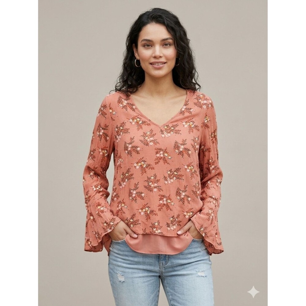 LC Lauren Conrad Floral V-Neck Blouse XL Dusty Rose Orange Lace Back Bell Sleeve